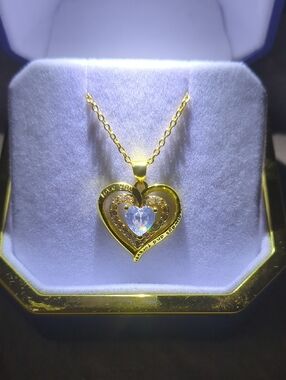 Gold Heart Pendant Necklace with Clear Crystal Accent - Women Jewelry